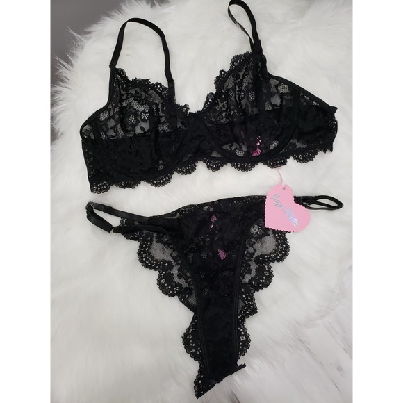 Sugar Thrillz Other - XXL Dolls Kill Sugar Thrillz Lingerie Black lace lingerie bra panty thong set